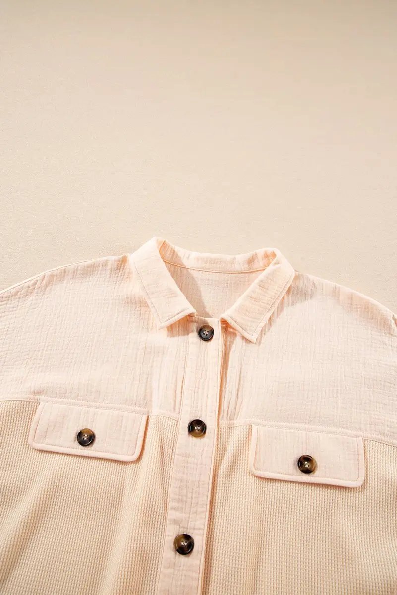 Beige Waffle Splicing Short Batwing Sleeve Flap Detail Shirt - Love Salve